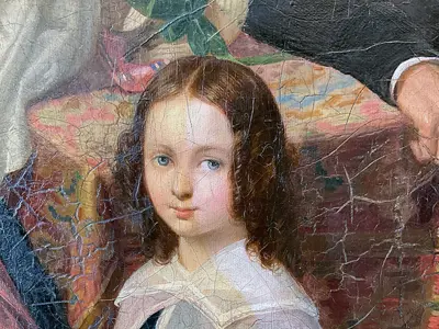 Detail of Anne Bowman during the conservation process, with the old varnish removed