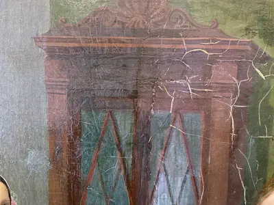 Detail of portrait background during the conservation process
